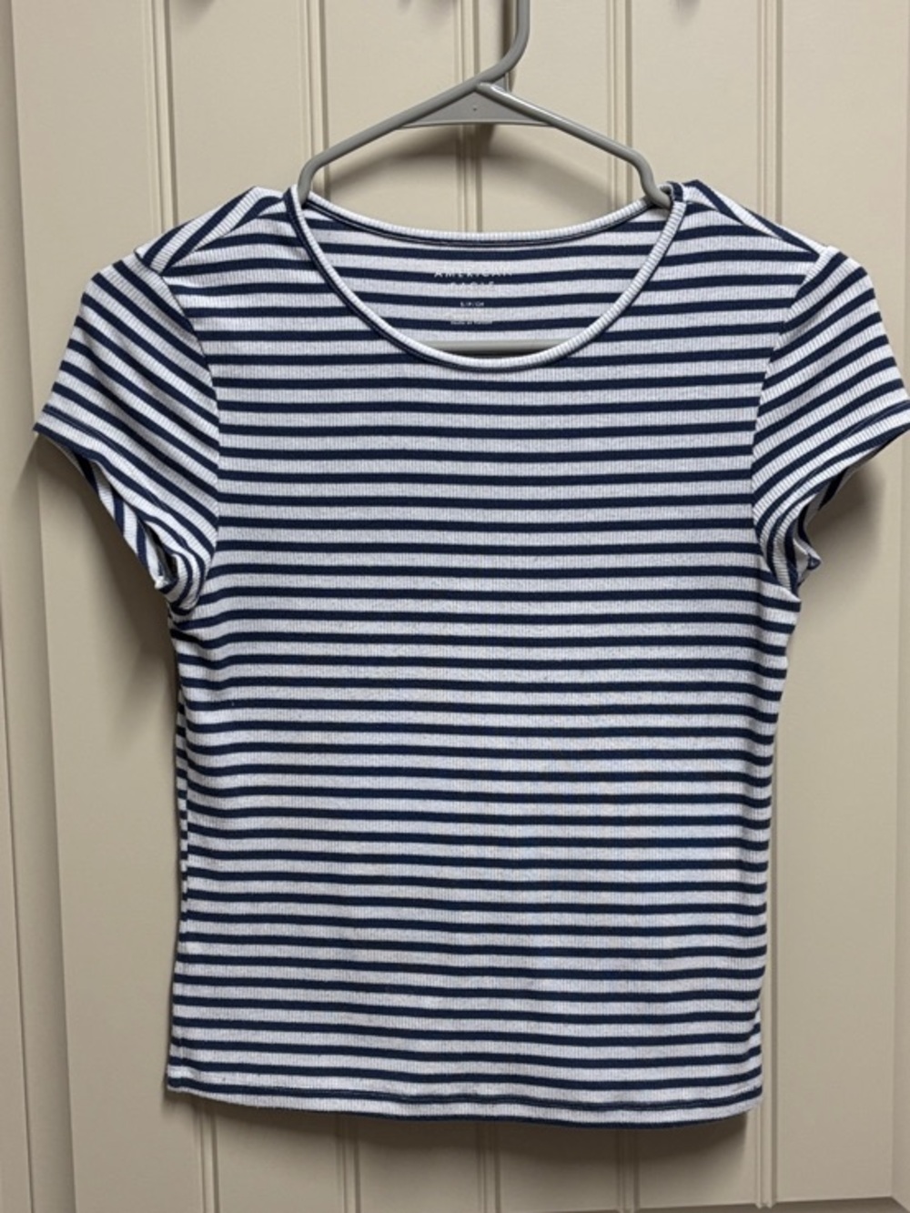 American Eagle Blue Striped Short-Sleeve Ribbed Crewneck Top